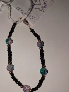 Handmade Black Beaded Bracelet with Pink and Teal Glass Accents
